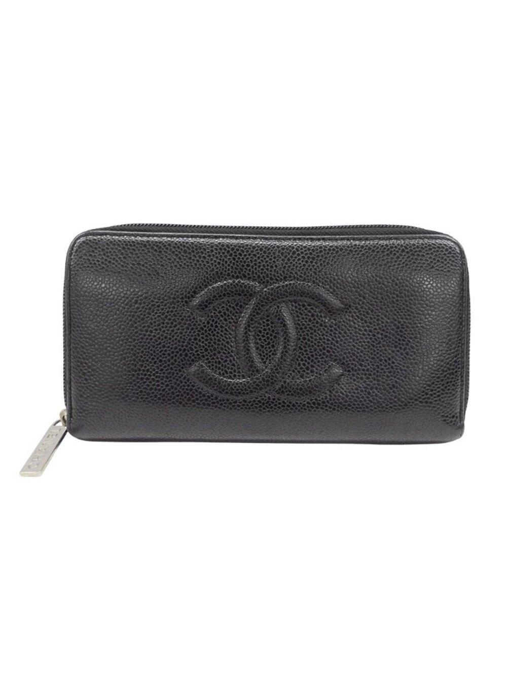 Chanel Wallet Caviar Leather Black Silver Zip Around Logo Adult